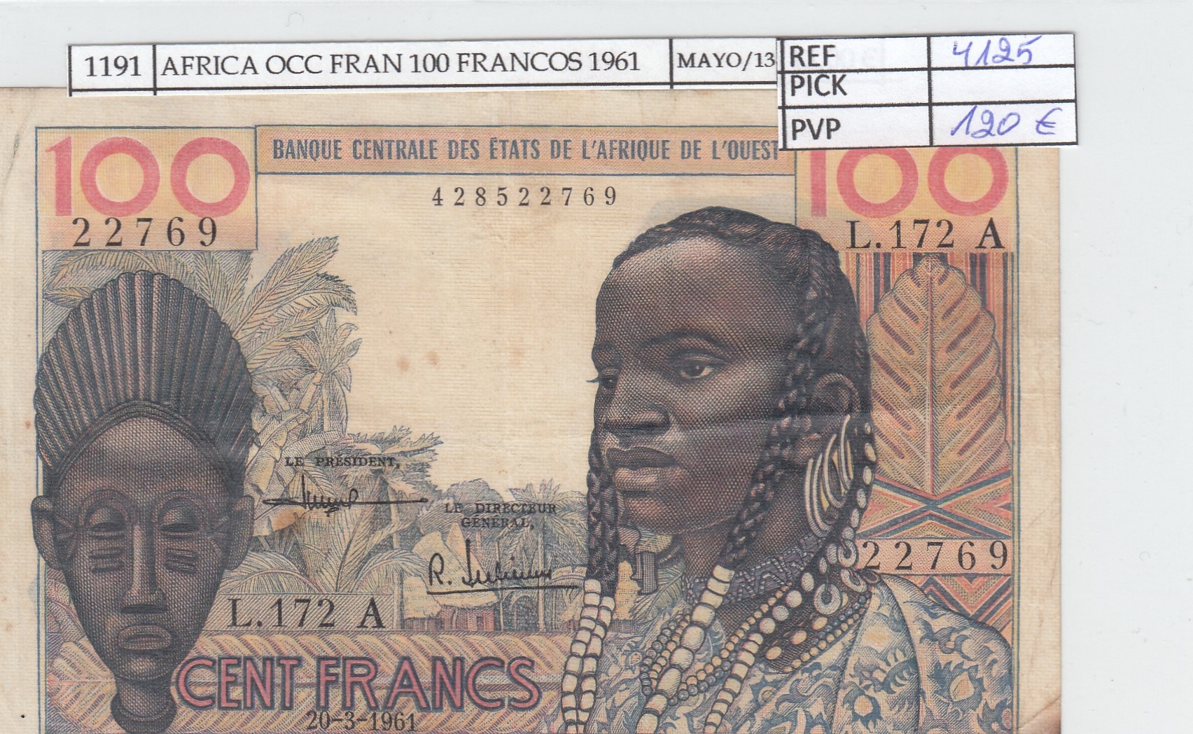 CRJ1191 CRJ1191 BILLETE AFRICA OCC SENEGAL 100 FRANCOS 1961 P-701 MBC- - Imagen 1