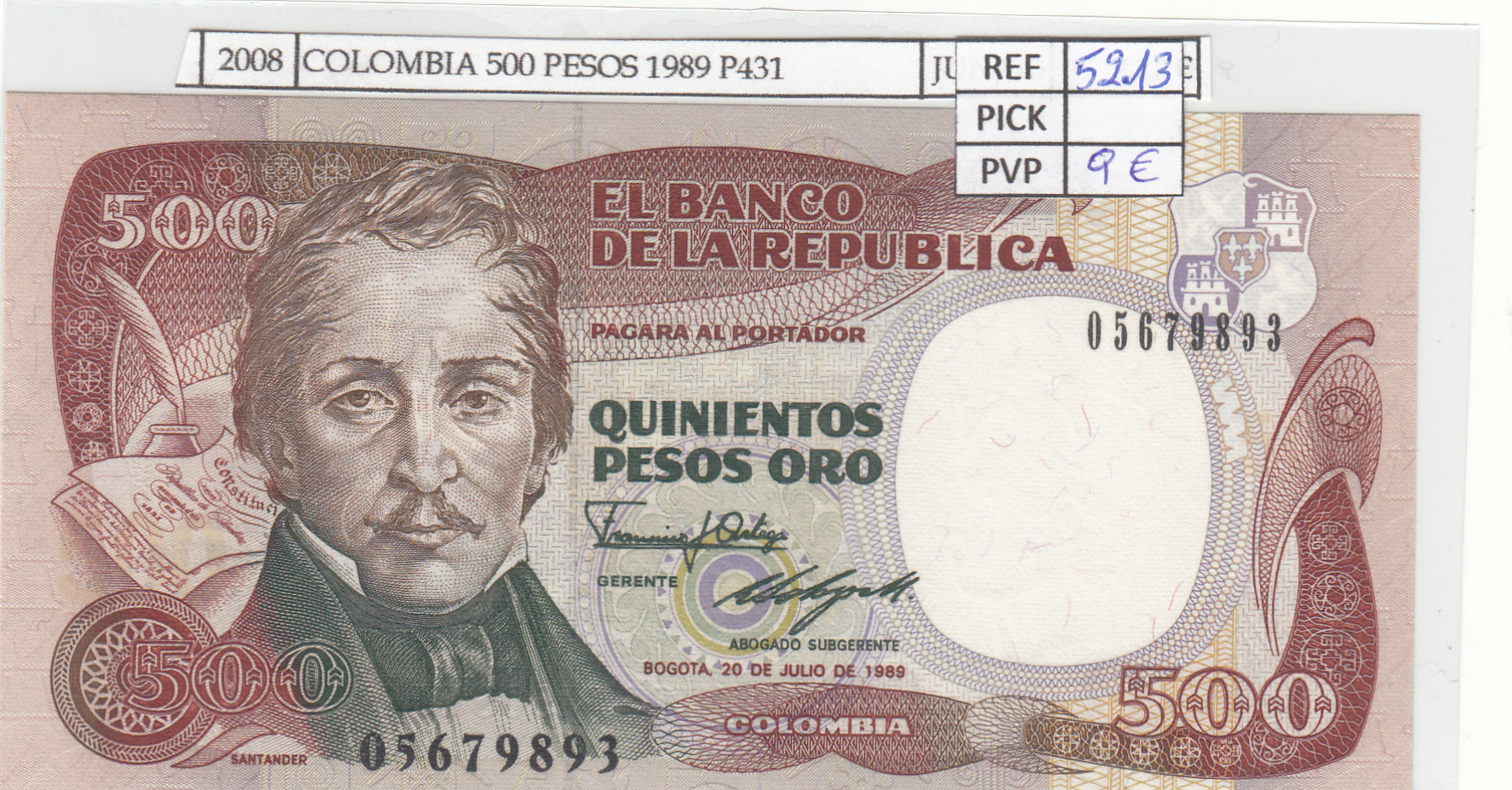CRJ2008 CRJ2008 BILLETE COLOMBIA 500 PESOS 1989 P-431a.3 N02008 - Imagen 1
