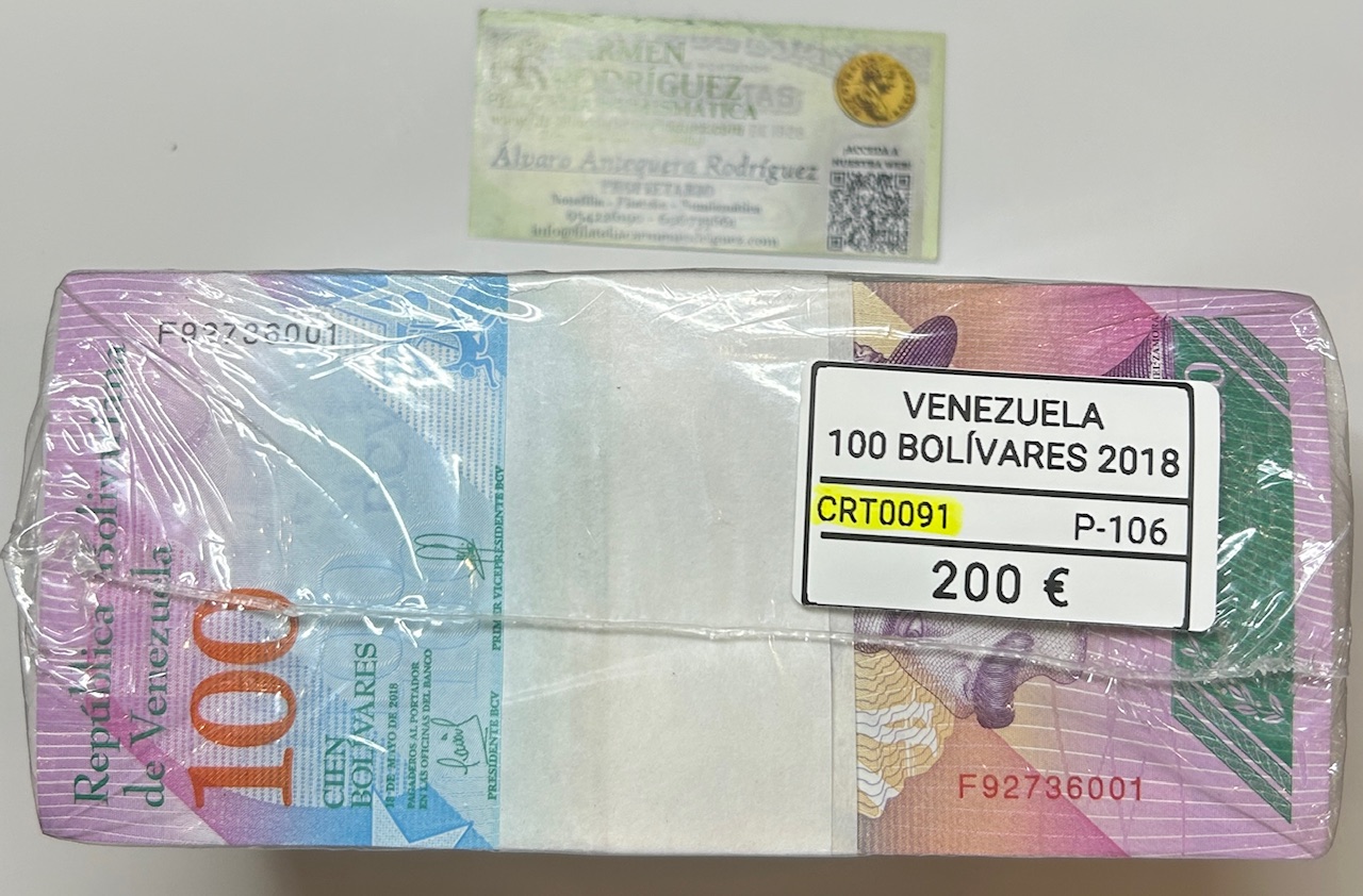 CRT0091 CRT0091 TACO 1000 BILLETES VENEZUELA 100 BOLIVARES 2018 P-106 - Imagen 1