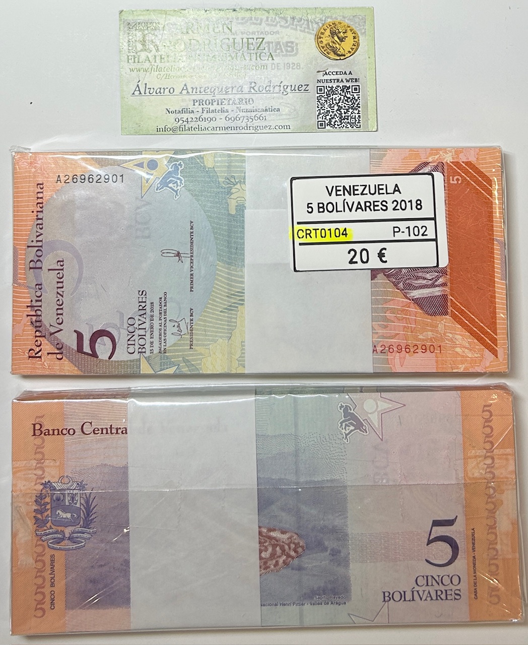 CRT0104 CRT0104 TACO 100 BILLETES VENEZUELA 5 BOLIVARES 2018 P-102 - Imagen 1