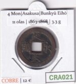 CRA021 MONEDA SAMURAI 4 MON BUNKYU EIHO CURSIVO 11 OLAS ASAKUSA 1863-1868