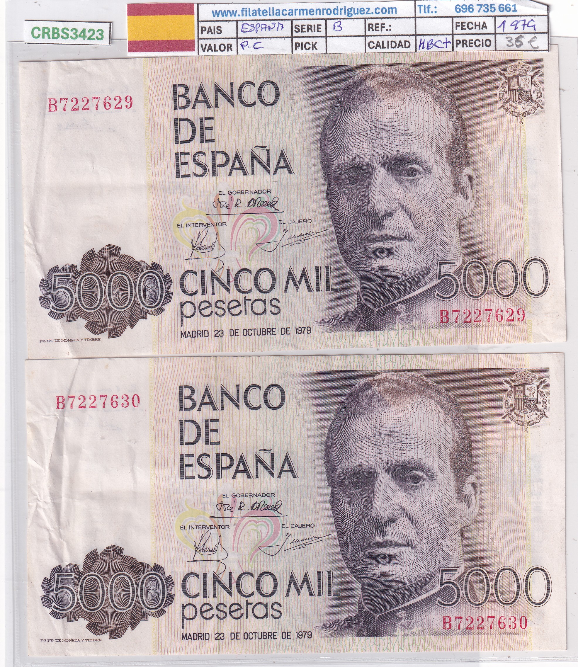 CRBS3423 CRBS3423 PAREJA CORRELATIVA BILLETES ESPAÑA 5000 PESETAS 1979 SERIE B MBC+ - Imagen 1