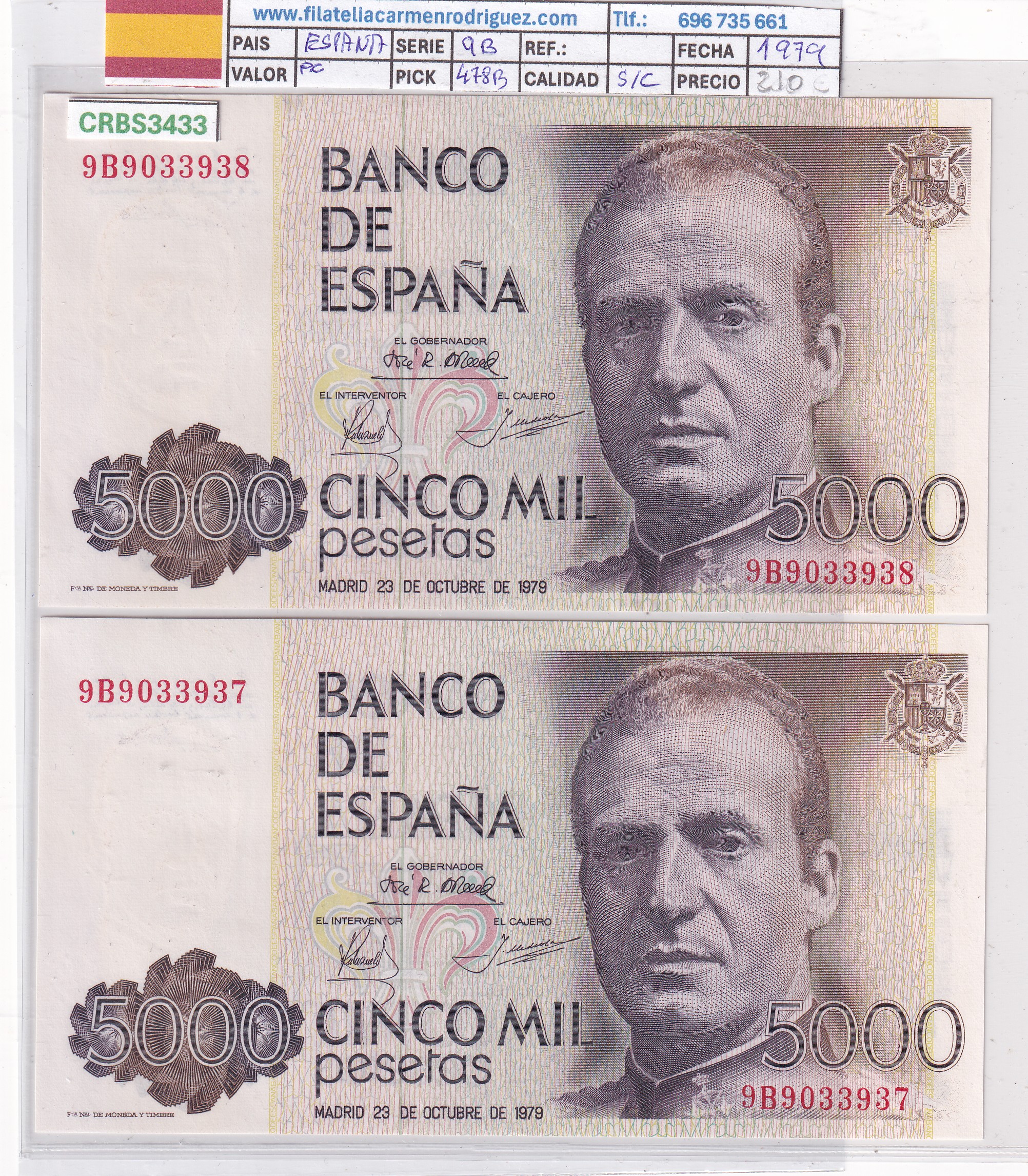 CRBS3433 CRBS3433 PAREJA CORRELATIVA BILLETES ESPAÑA 5000 PESETAS 1979 SERIE 9B SIN CIRCULAR - Imagen 1