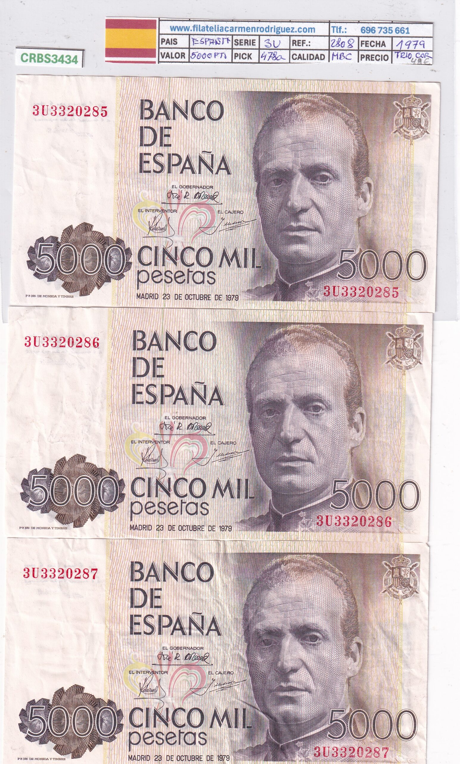 CRBS3434 CRBS3434 TRIO CORRELATIVO BILLETES ESPAÑA 5000 PESETAS 1979 SERIE 3U MBC - Imagen 1