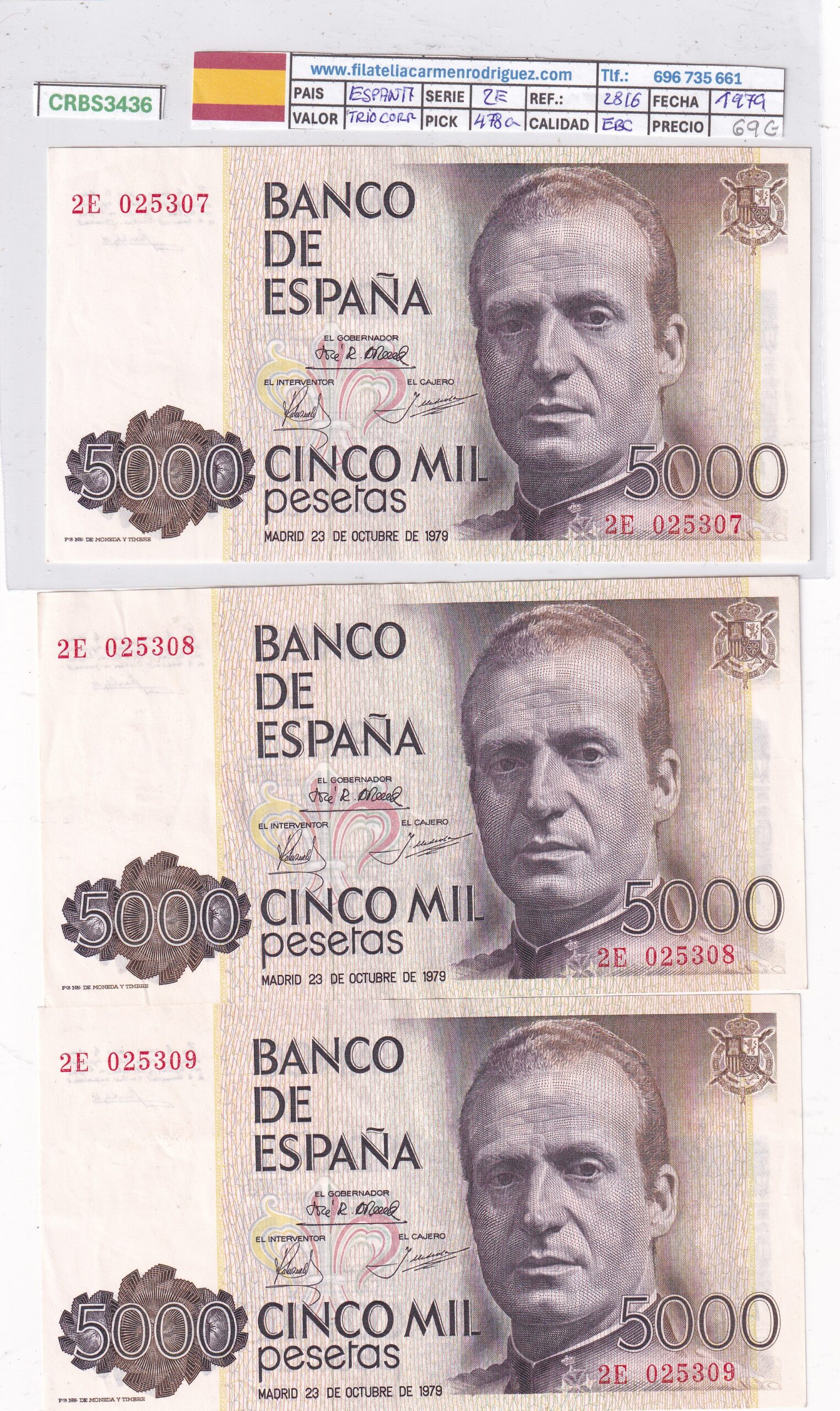 CRBS3436 CRBS3436 TRIO CORRELATIVO BILLETES ESPAÑA 5000 PESETAS 1979 SERIE 2E EBC - Imagen 1