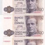 CRBS3437 TRIO CORRELATIVO BILLETES ESPAÑA 5000 PESETAS 1979 SERIE N1 EBC+