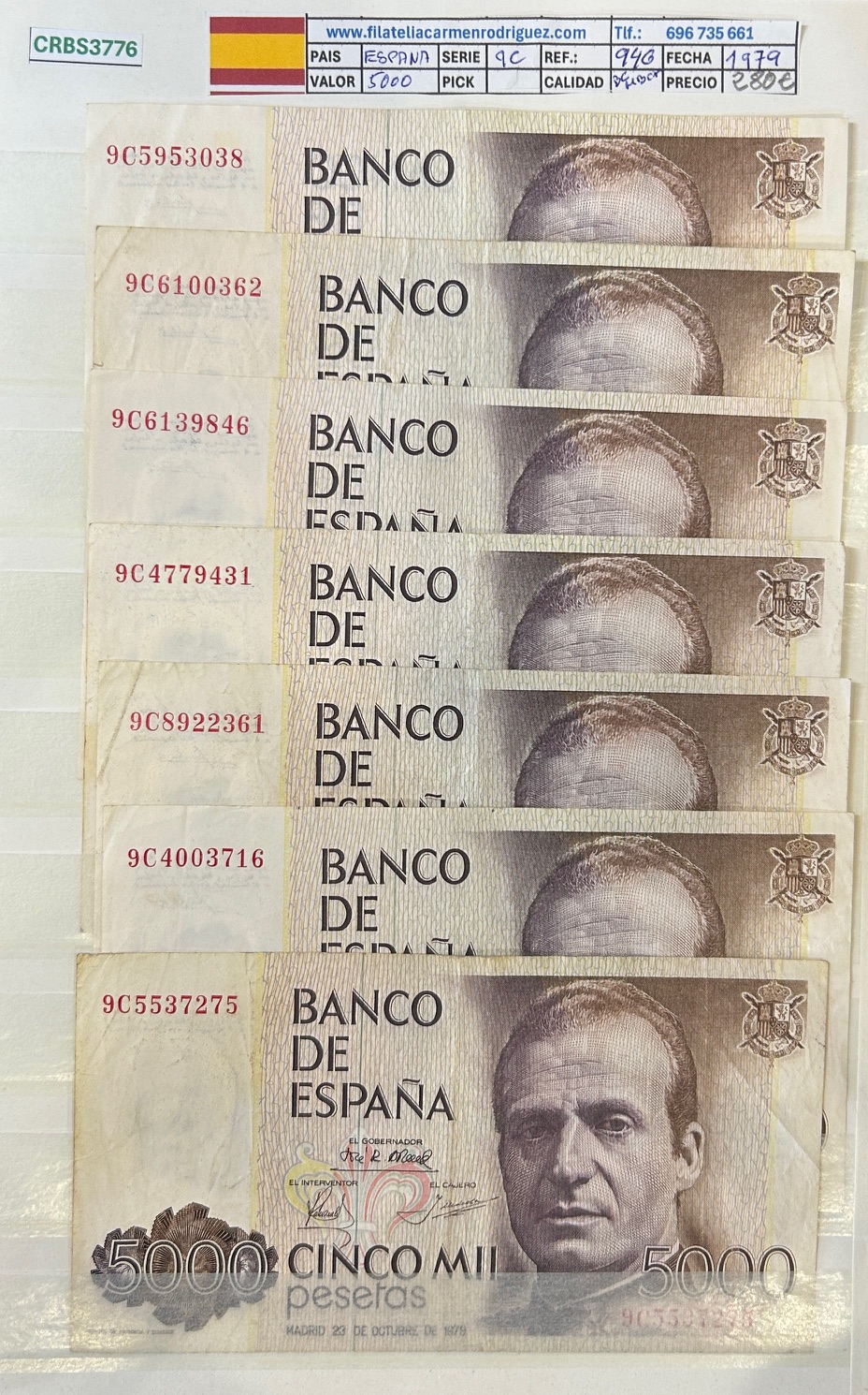CRBS3776 CRBS3776 LOTE 7 BILLETES ESPAÑA 5000 PESETAS 1979 SERIE 9C BC/MBC - Imagen 1