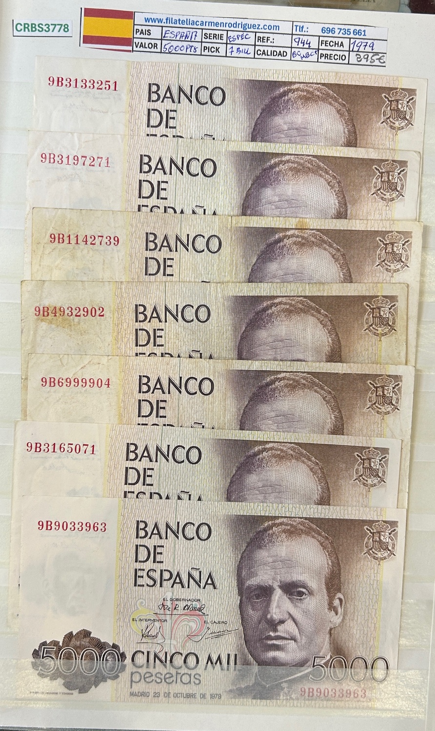 CRBS3778 CRBS3778 LOTE 7 BILLETES ESPAÑA 5000 PESETAS 1979 SERIE 9B BC / MBC+ - Imagen 1