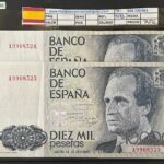 CRBS3796 PAREJA CORRELATIVA BILLETE ESPAÑA 10000 PESETAS 1985 SERIE A EBC-