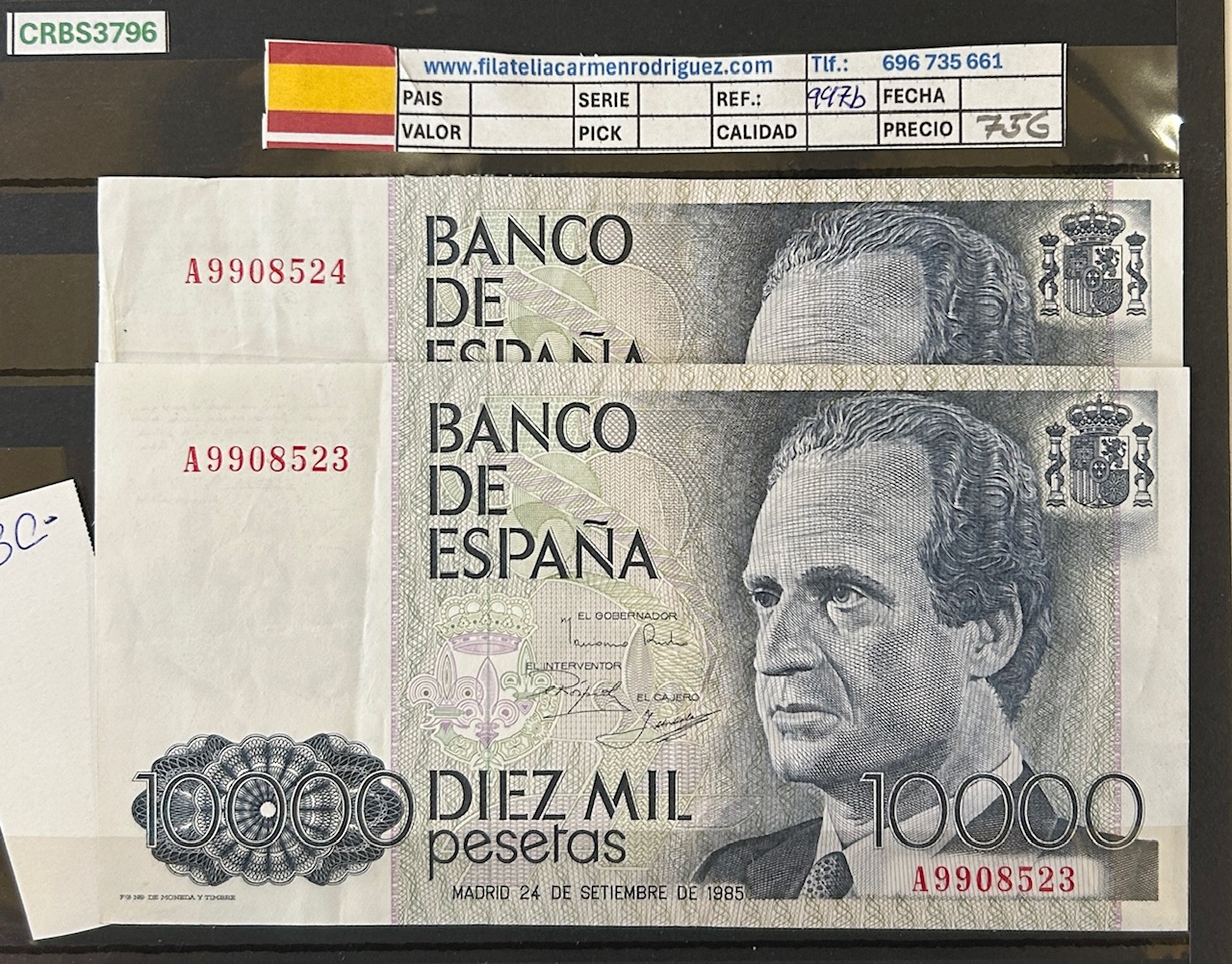 CRBS3796 CRBS3796 PAREJA CORRELATIVA BILLETE ESPAÑA 10000 PESETAS 1985 SERIE A EBC- - Imagen 1