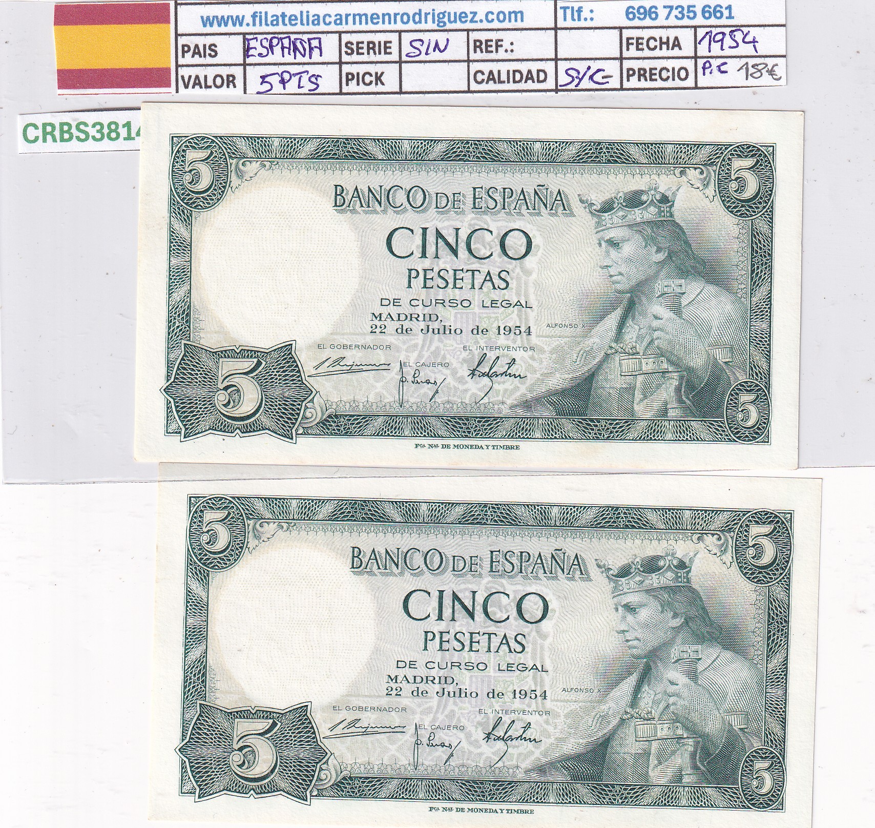CRBS3814 CRBS3814 PAREJA CORRELATIVA BILLETES ESPAÑA 5 PESETAS 1954 SIN SERIE S/C- - Imagen 1