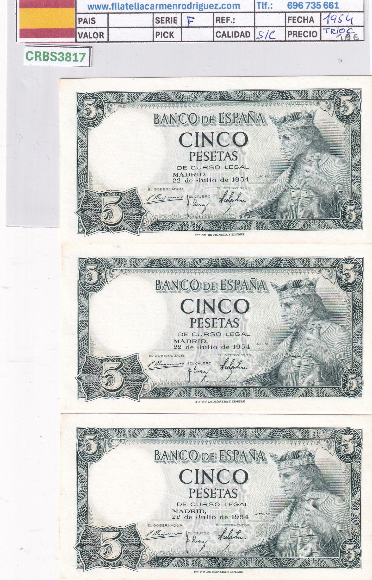 CRBS3817 CRBS3817 TRIO CORRELATIVO BILLETES ESPAÑA 5 PESETAS 1954 SERIE F SIN CIRCULAR - Imagen 1