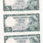 CRBS3819  LOTE 5 BILLETES ESPAÑA CORRELATIVOS 5 PESETAS 1954 SIN SERIE SIN CIRCULAR