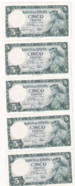 CRBS3819  LOTE 5 BILLETES ESPAÑA CORRELATIVOS 5 PESETAS 1954 SIN SERIE SIN CIRCULAR