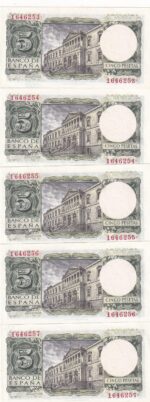 CRBS3819  LOTE 5 BILLETES ESPAÑA CORRELATIVOS 5 PESETAS 1954 SIN SERIE SIN CIRCULAR - Imagen 2