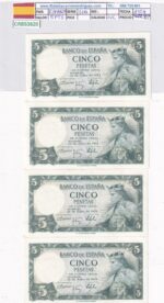 CRBS3820  LOTE 4 BILLETES ESPAÑA CORRELATIVOS 5 PESETAS 1954 SIN SERIE SIN CIRCULAR