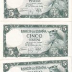 CRBS3821  LOTE 5 BILLETES ESPAÑA CORRELATIVOS 5 PESETAS 1954 SERIE H SIN CIRCULAR
