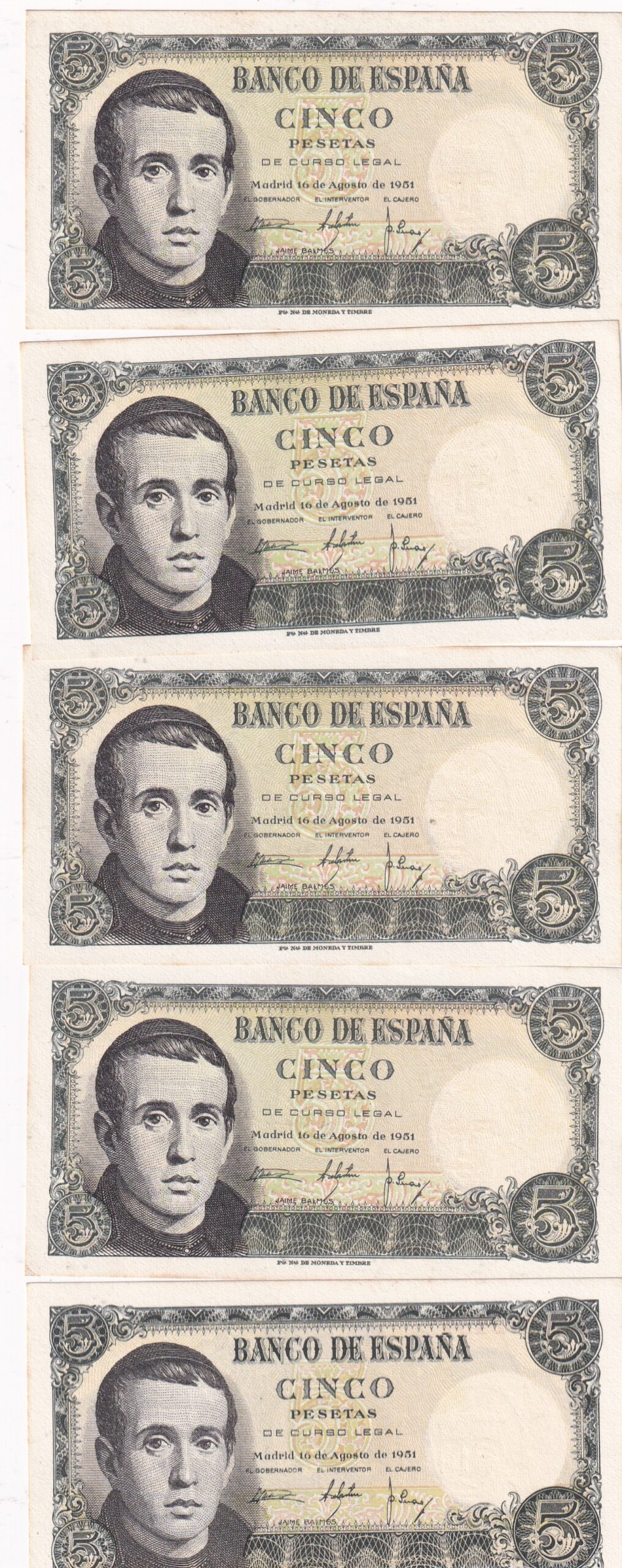CRBS3829 CRBS3829 LOTE 5 BILLETES ESPAÑA CORRELATIVOS 5 PESETAS 1951 SERIE 1I SIN CIRCULAR - Imagen 1