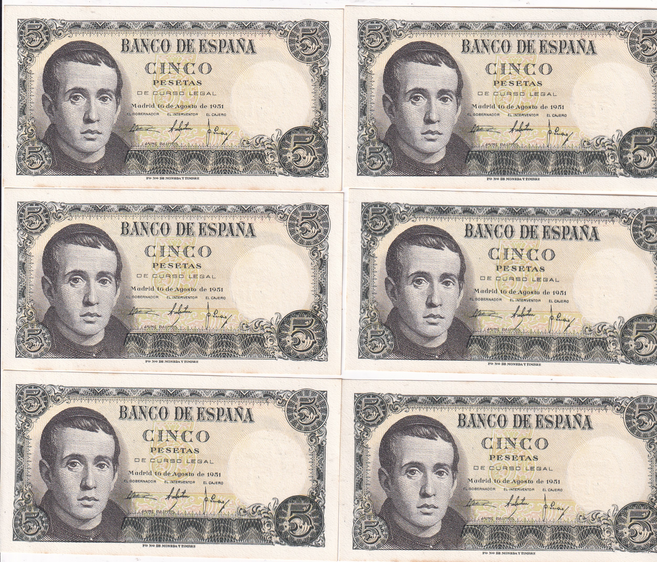 CRBS3830 CRBS3830 LOTE 6 BILLETES ESPAÑA CORRELATIVOS 5 PESETAS 1951 SERIE 1I SIN CIRCULAR - Imagen 1
