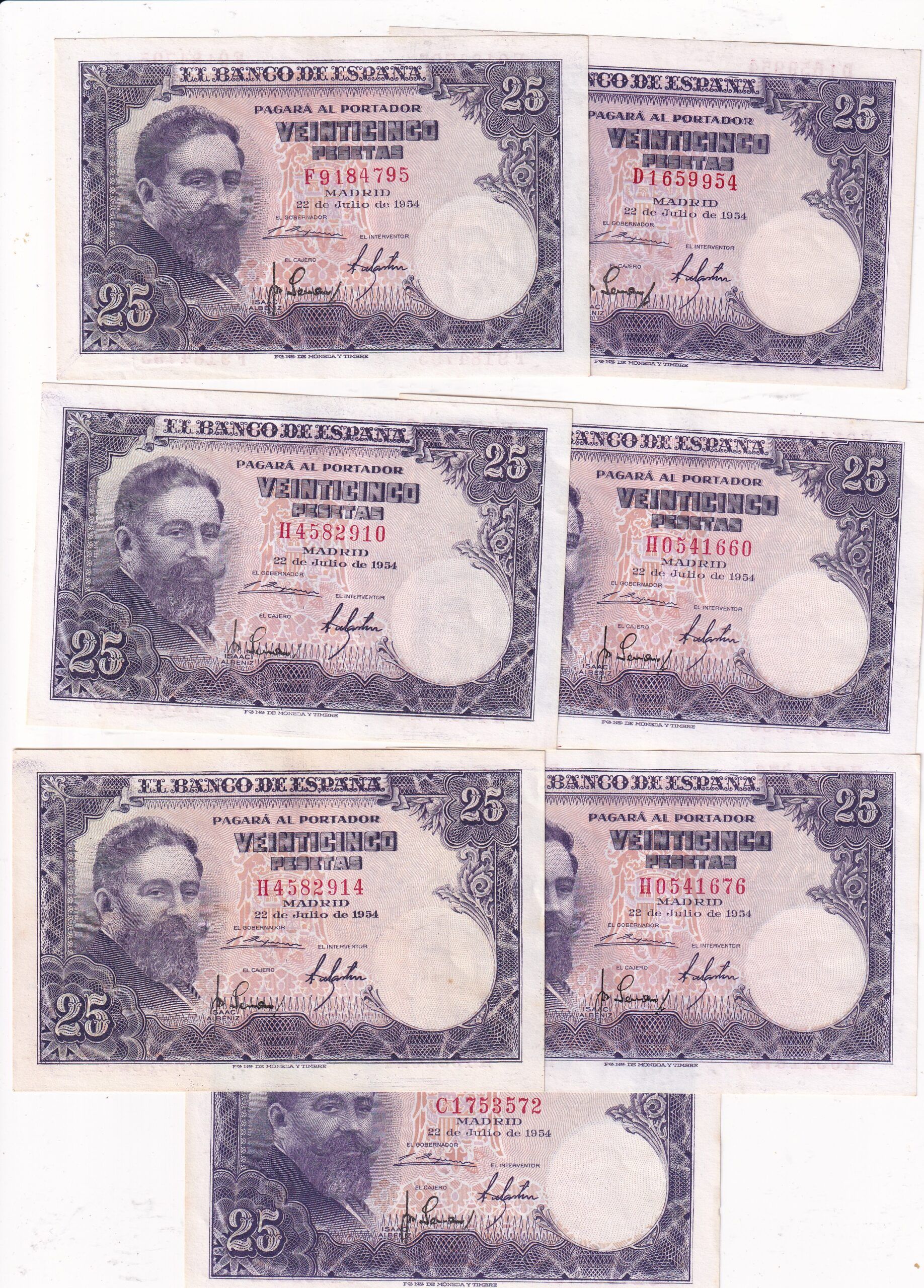 CRBS3832 CRBS3832 LOTE 7 BILLETES ESPAÑA 25 PESETAS 1954 SERIE 1I S/C- - Imagen 1