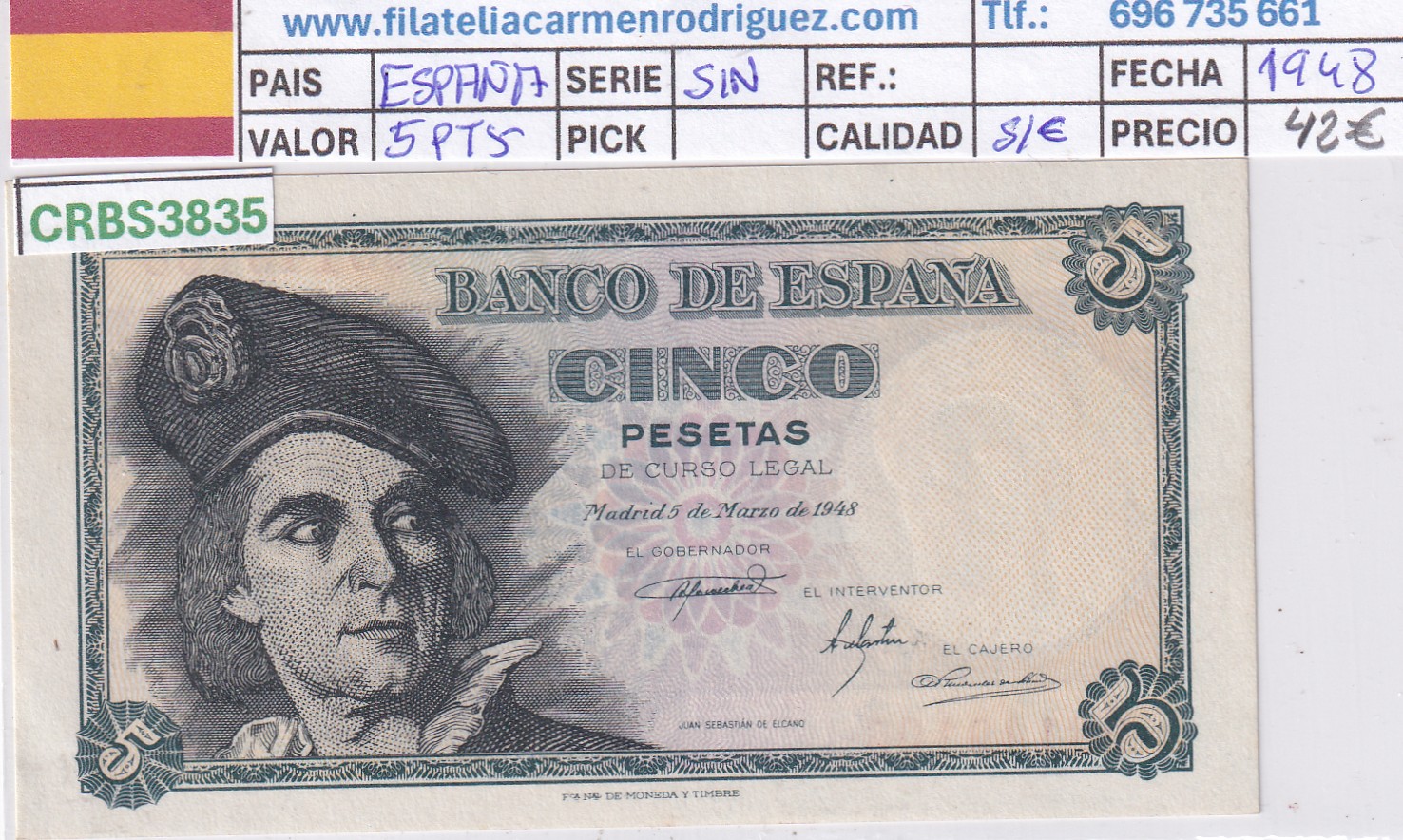 CRBS3835 CRBS3835 BILLETE ESPAÑA 5 PESETAS 1948 SIN SERIE SIN CIRCULAR - Imagen 1