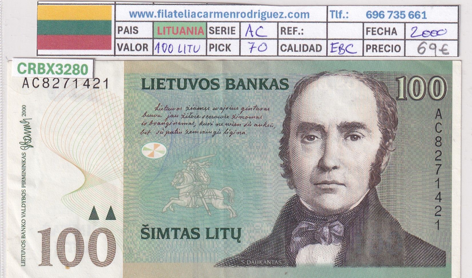 CRBX3280 CRBX3280 BILLETE LITUANIA 100 LITU 2000 SERIE AC P-70 EBC - Imagen 1
