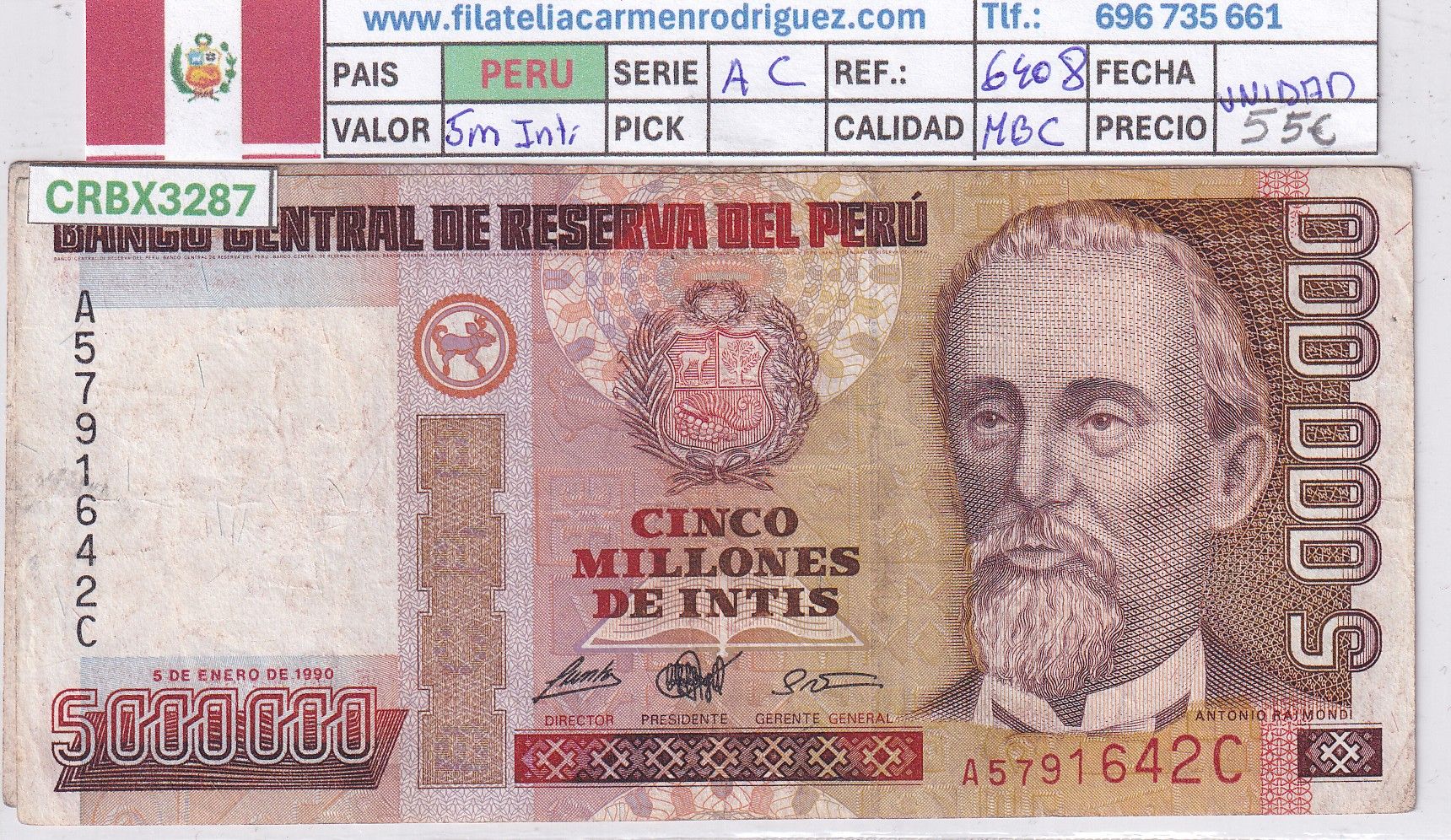 CRBX3287 CRBX3287 BILLETE PERU 5000000 INTIS 1990 SERIE AC MBC - Imagen 1