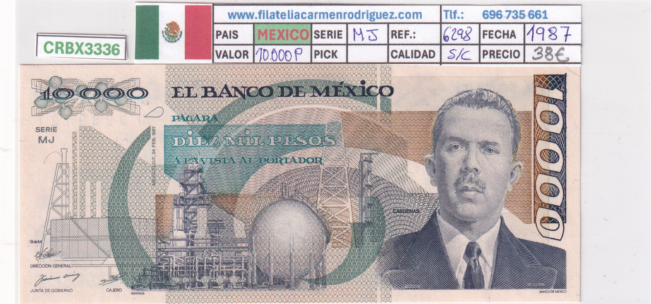 CRBX3336 CRBX3336 BILLETE MEXICO 10000 PESOS 1987 SERIE MJ SIN CIRCULAR - Imagen 1