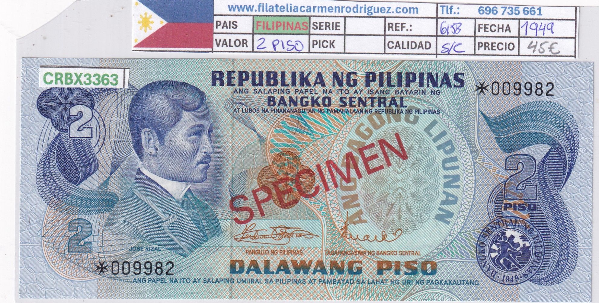 CRBX3363 CRBX3363 BILLETE FILIPINAS 2 PISOS 1949 SPECIMEN SC - Imagen 1