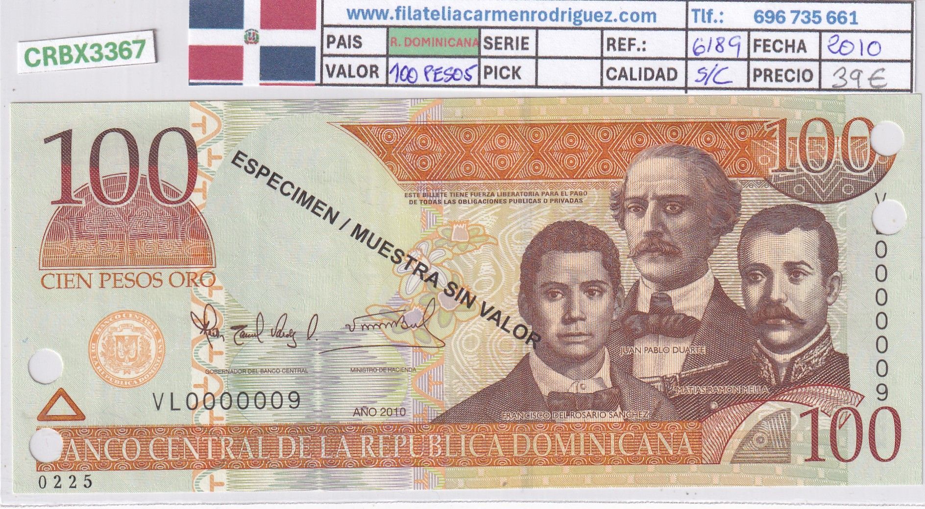 CRBX3367 CRBX3367 BILLETE REPUBLICA DOMINICANA 100 PESOS 2010 SPECIMEN SC - Imagen 1