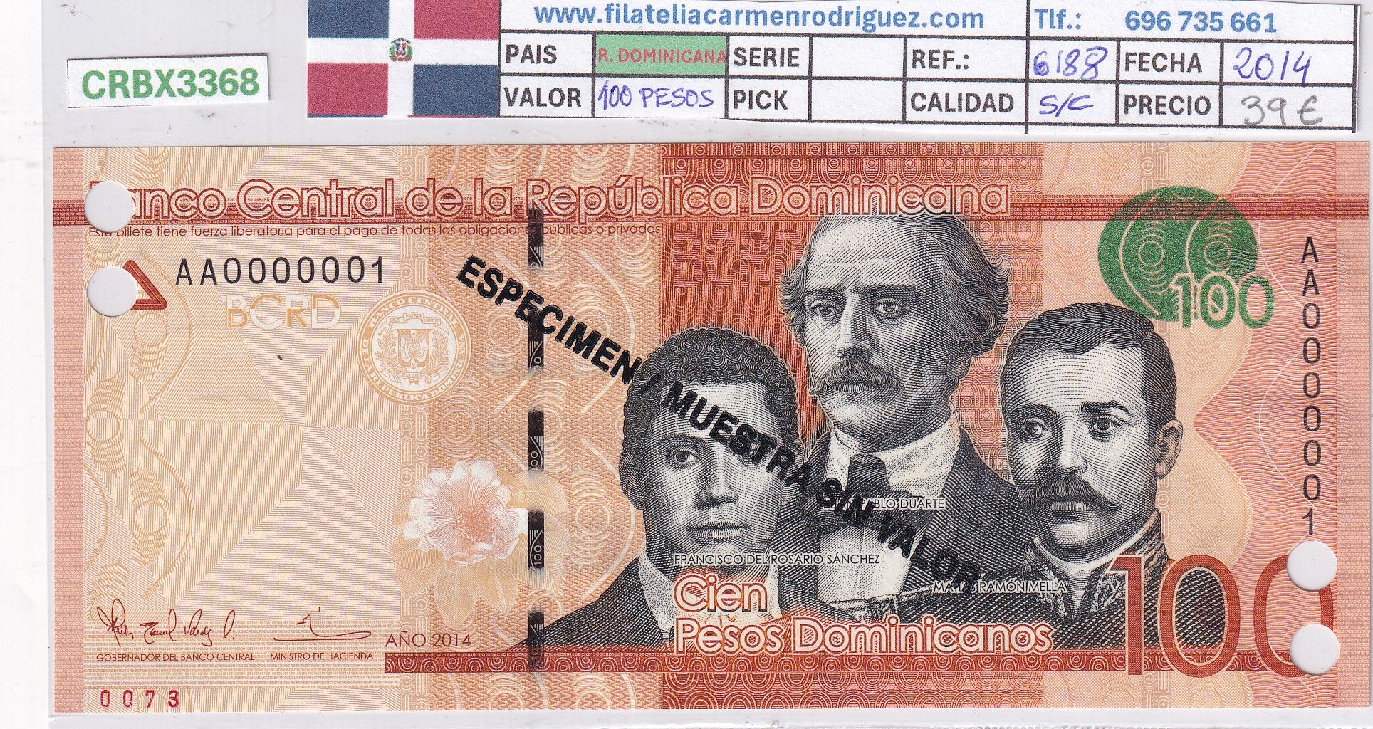 CRBX3368 CRBX3368 BILLETE REPUBLICA DOMINICANA 100 PESOS 2014 SPECIMEN SC - Imagen 1