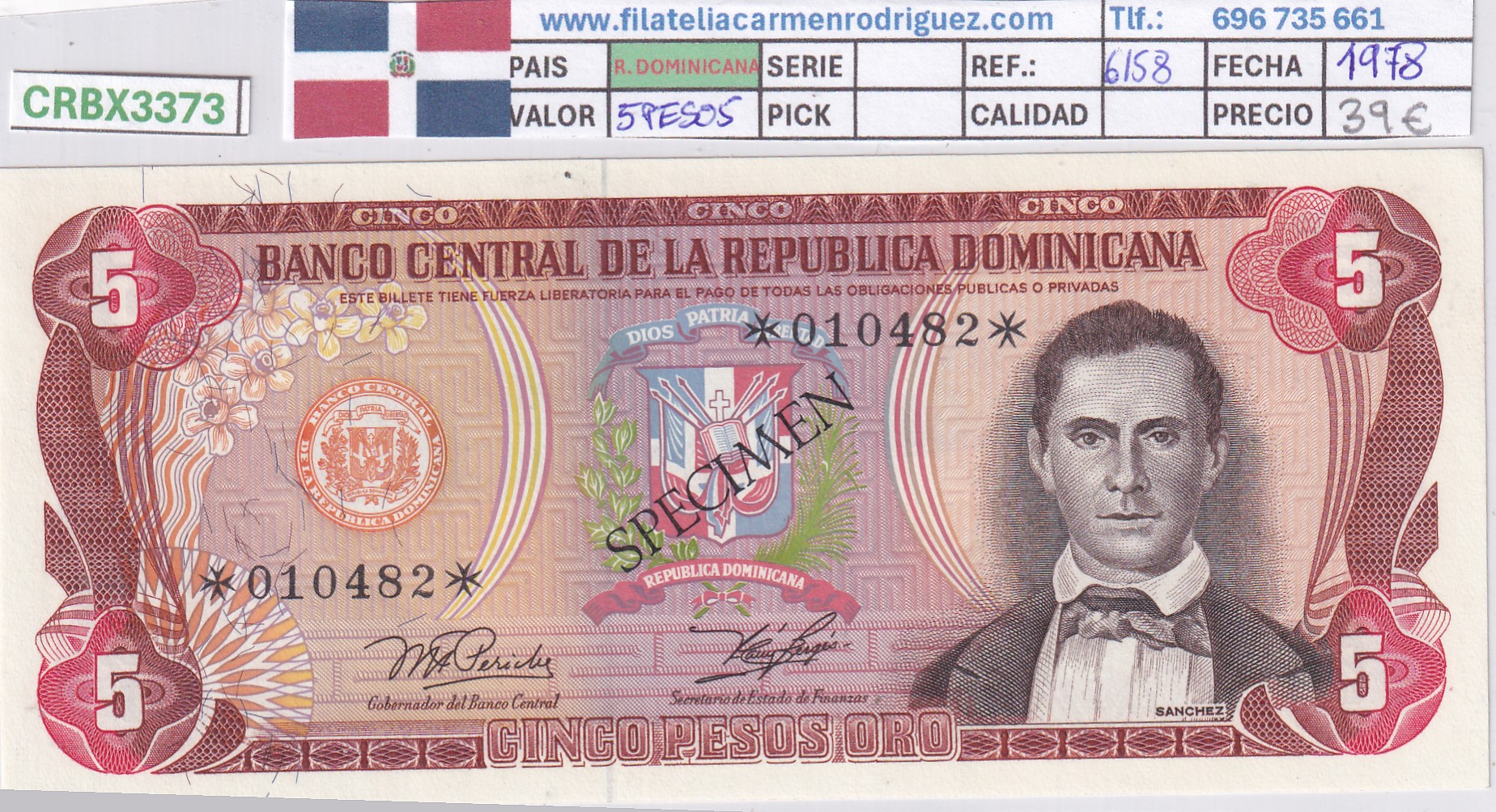 CRBX3373 CRBX3373 BILLETE REPUBLICA DOMINICANA 5 PESOS 1978 SPECIMEN SC - Imagen 1