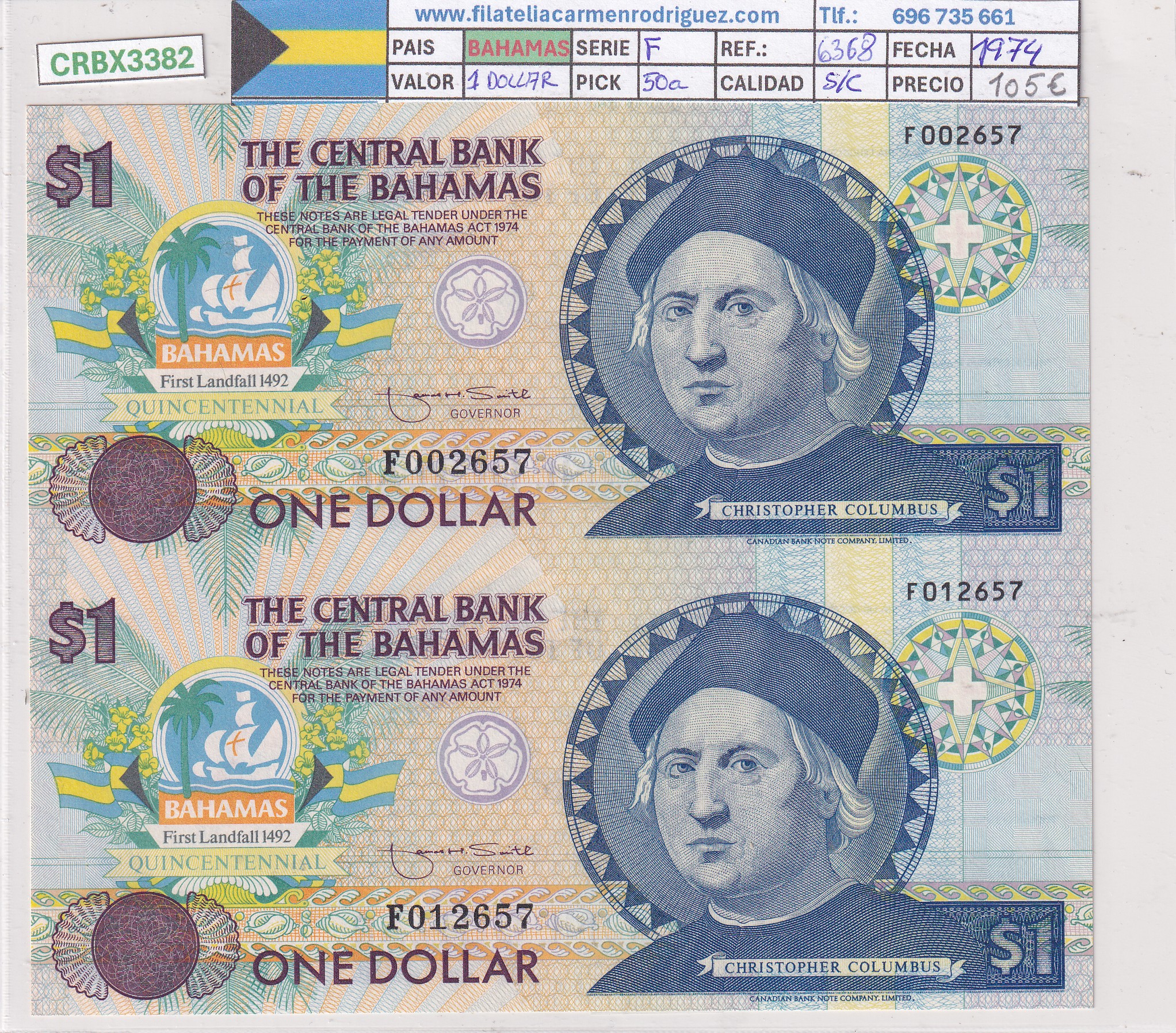 CRBX3382 CRBX3382 BILLETE BAHAMAS PAREJA CON MISMO NUMERO SERIE UNCUT 1974 SC - Imagen 1