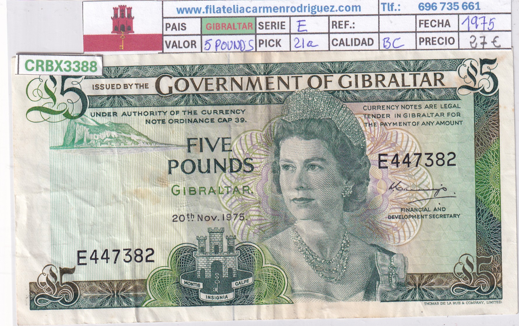 CRBX3388 CRBX3388 BILLETE GIBRALTAR 5 POUNDS 1975 SERIE E BC - Imagen 1