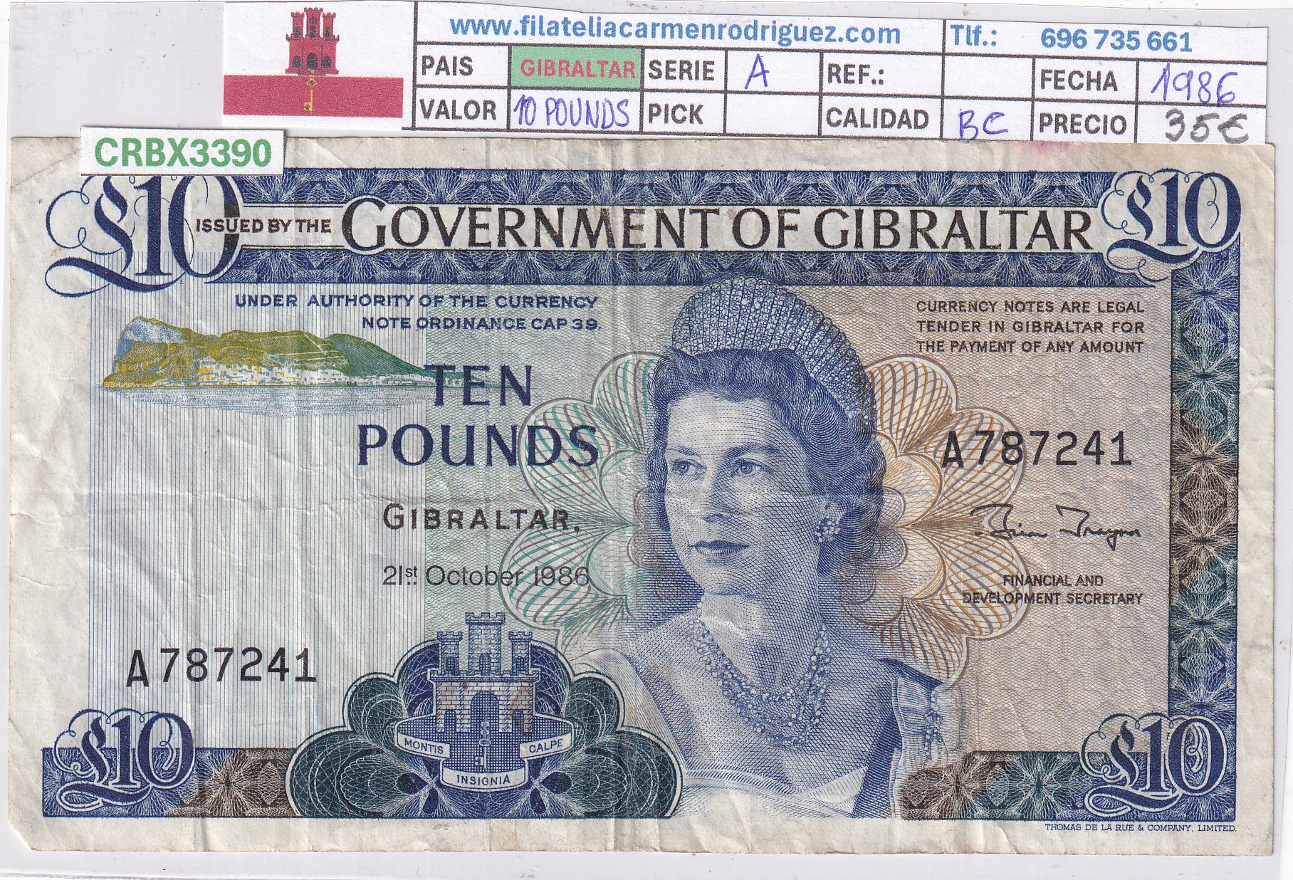 CRBX3390 CRBX3390 BILLETE GIBRALTAR 10 POUNDS 1986 SERIE A BC - Imagen 1