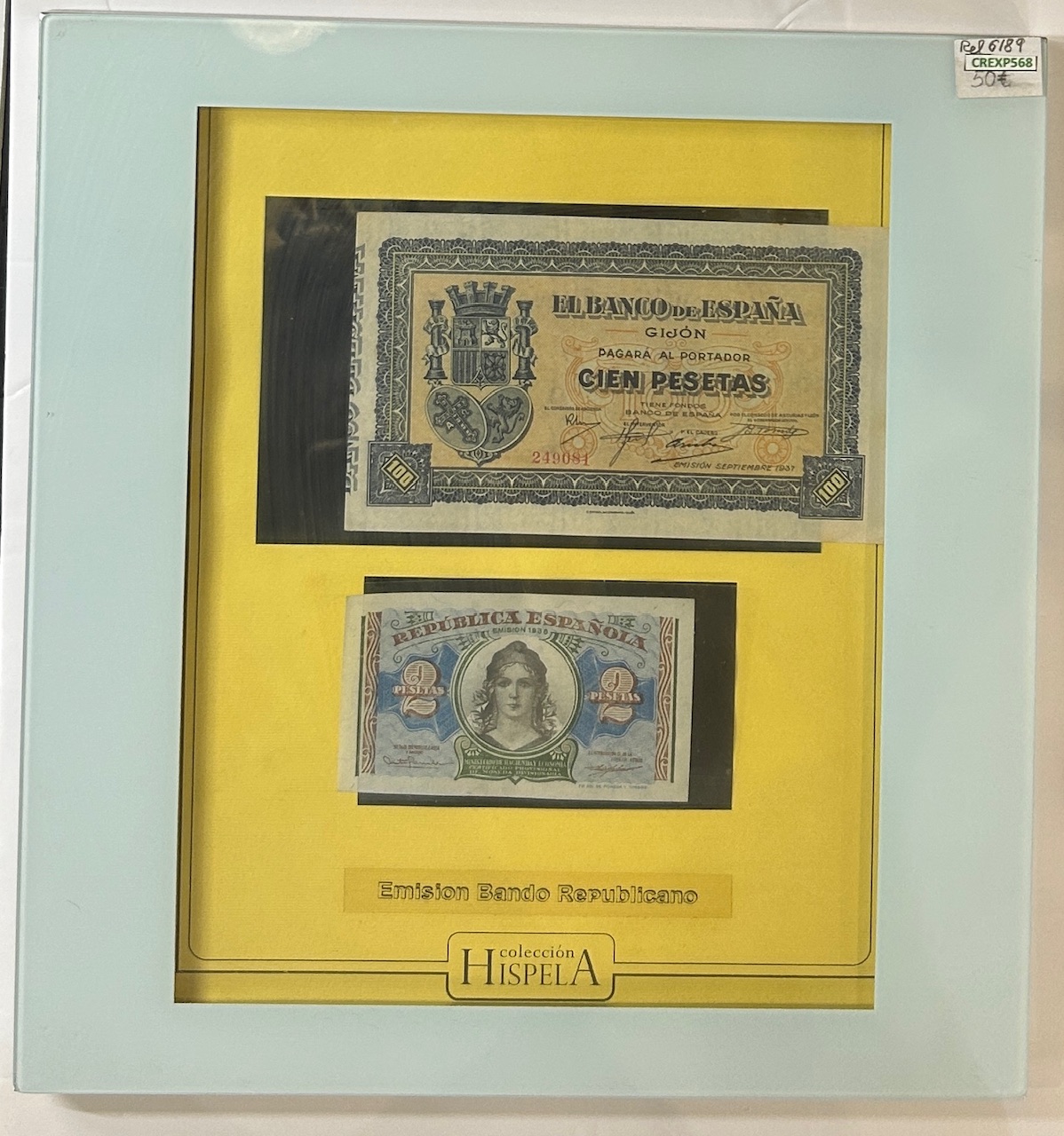 CREXP568 CREXP568 CUADRO CON BILLETES ESPAÑA 100 PESETAS GIJO Y 2 PESETAS REPUBLICA - Imagen 1
