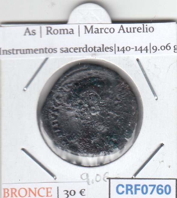 CRF0760 CRF0760 MONEDA ROMANA AS ROMA MARCO AURELIO INSTRUMENTOS SACERDOTALES 140-144 - Imagen 1