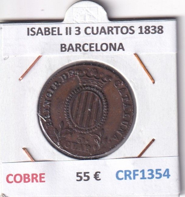 CRF1354 CRF1354 MONEDA ESPAÑA ISABEL II 3 CUARTOS 1838 BARCELONA COBRE - Imagen 1
