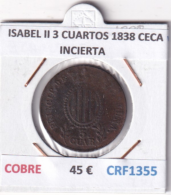 CRF1355 CRF1355 MONEDA ESPAÑA ISABEL II 3 CUARTOS 1838 CECA INCIERTA COBRE - Imagen 1