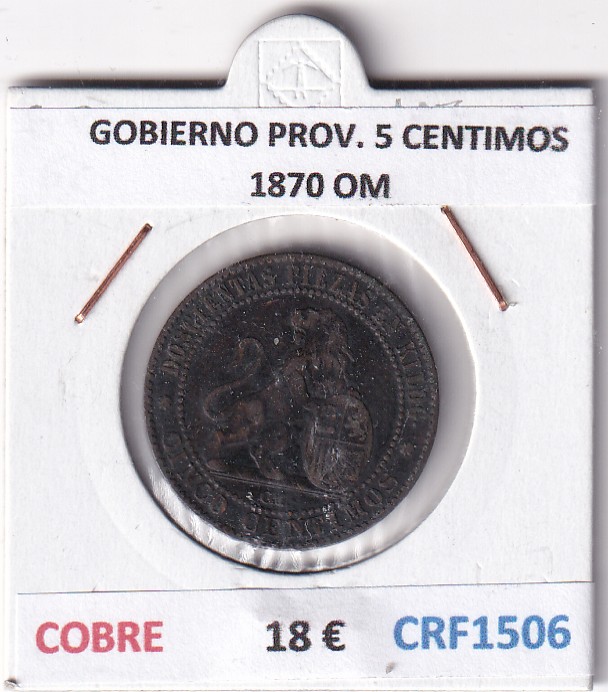 CRF1506 CRF1506 MONEDA ESPAÑA GOBIERNO PROVISIONAL 5 CENTIMOS 1870 OM COBRE - Imagen 1