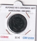 CRF1559 MONEDA ESPAÑA ALFONSO XII 5 CENTIMOS 1877 BARCELONA COBRE OM MBC-