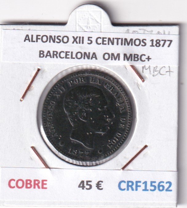 CRF1562 CRF1562 MONEDA ESPAÑA ALFONSO XII 5 CENTIMOS 1877 BARCELONA COBRE OM MBC+ - Imagen 1