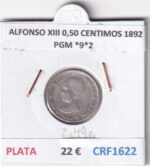 CRF1622 MONEDA ESPAÑA ALFONSO XIII 0,50 CENTIMOS 1892 PGM *9*2 PLATA