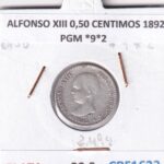 CRF1623 MONEDA ESPAÑA ALFONSO XIII 0,50 CENTIMOS 1892 PGM *9*2 PLATA