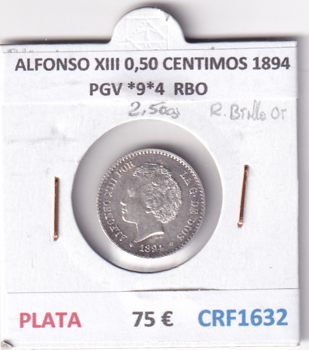 CRF1632 CRF1632 MONEDA ESPAÑA ALFONSO XIII 0,50 CENTIMOS 1894 PGV *9*4 PLATA RESTOS BRILLO ORIGINAL - Imagen 1