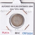 CRF1634 MONEDA ESPAÑA ALFONSO XIII 0,50 CENTIMOS 1894 PGV *9*4 PLATA RESTOS BRILLO ORIGINAL