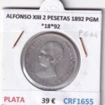CRF1655 MONEDA ESPAÑA ALFONSO XIII 2 PESETAS 1892 PGM *18*92 PLATA