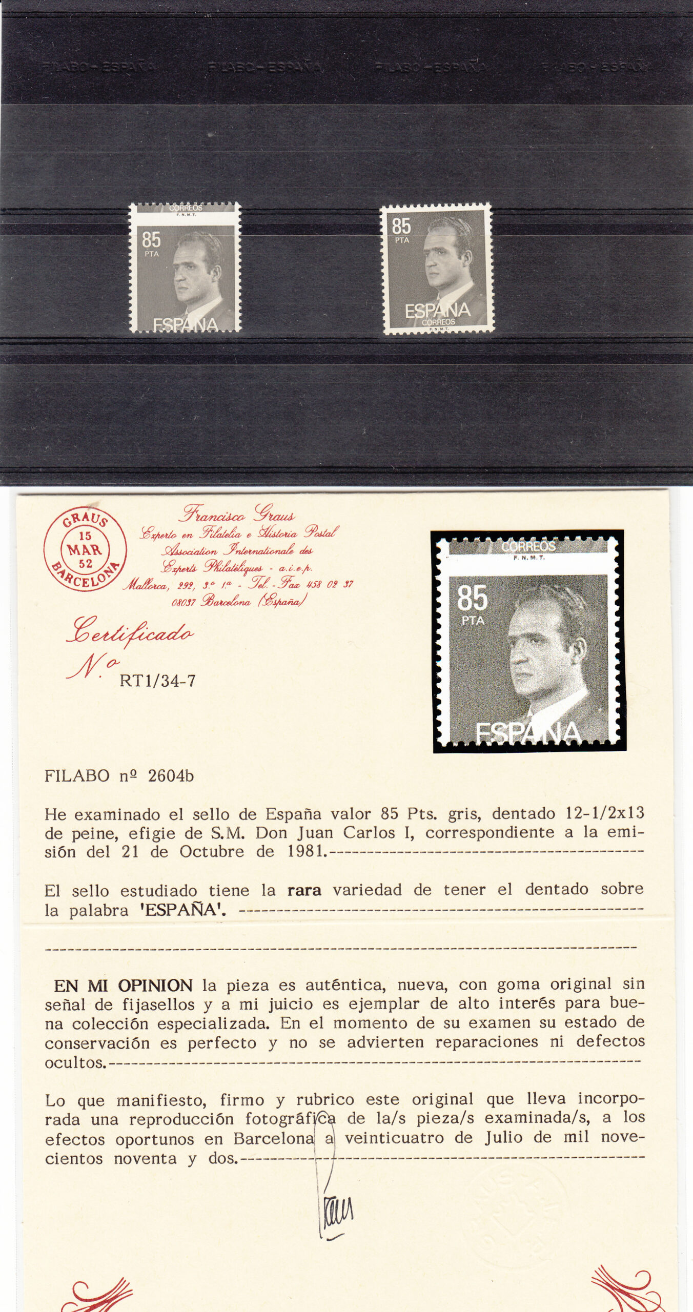 CRSE0388 CRSE0388 SELLO ESPAÑA VARIANTE Nº CAT Nº CATALOGO 2604 DENTADO DESPLAZADO CON CERTIFICADO - Imagen 1