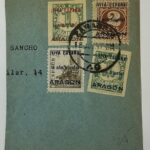CRSPA010 SELLOS  ESPAÑA PATRIOTICOS ZARAGOZA Nº CAT 41-43 CAMBIO DE COLOR FRAGMENTO CIRCULADO