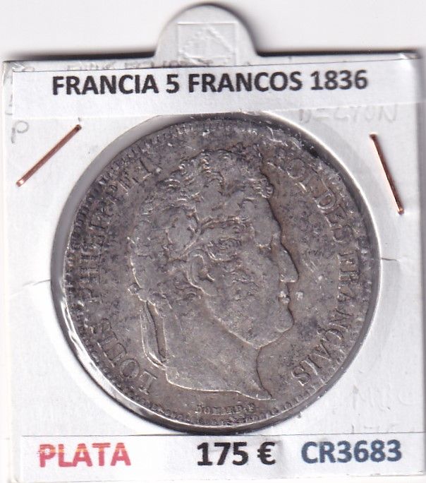 CR3683 CR3683 MONEDA FRANCIA 5 FRANCOS 1836 LUIS FELIPE I LYON PLATA - Imagen 1